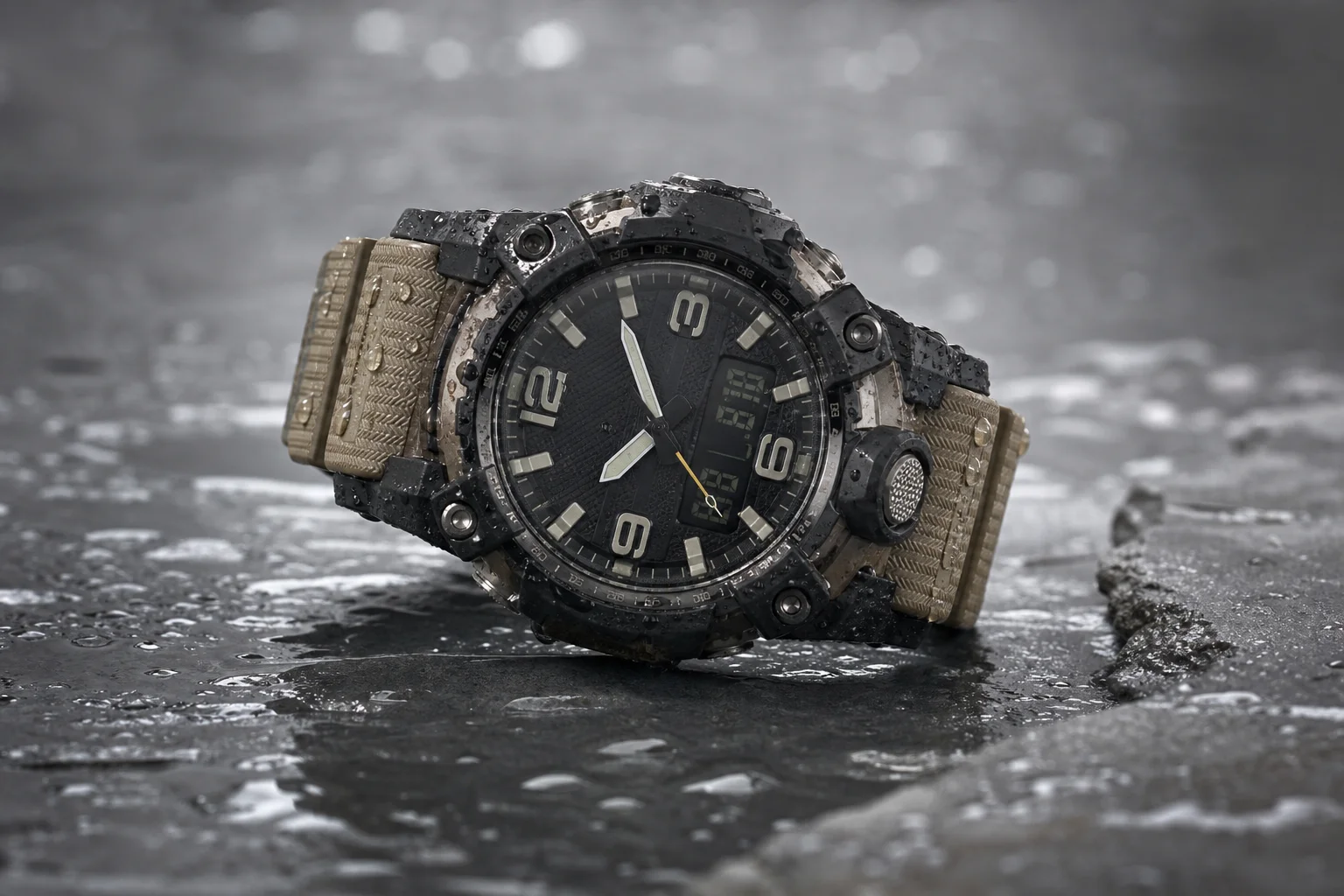 Mudmaster-Uhr mit Zeitanzeige und Wassertropfen auf dem Gehäuse