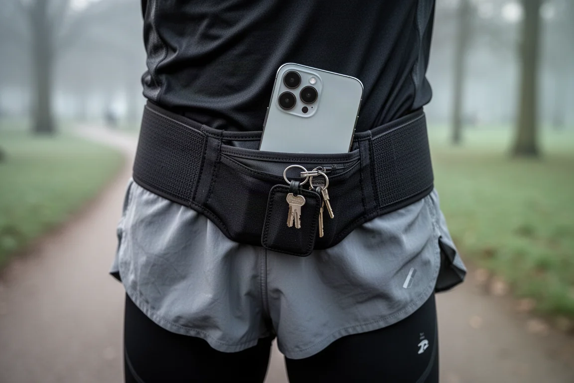 Nahaufnahme eines elastischen Laufgurts über kurzen getragen, der ein großes Telefon hält