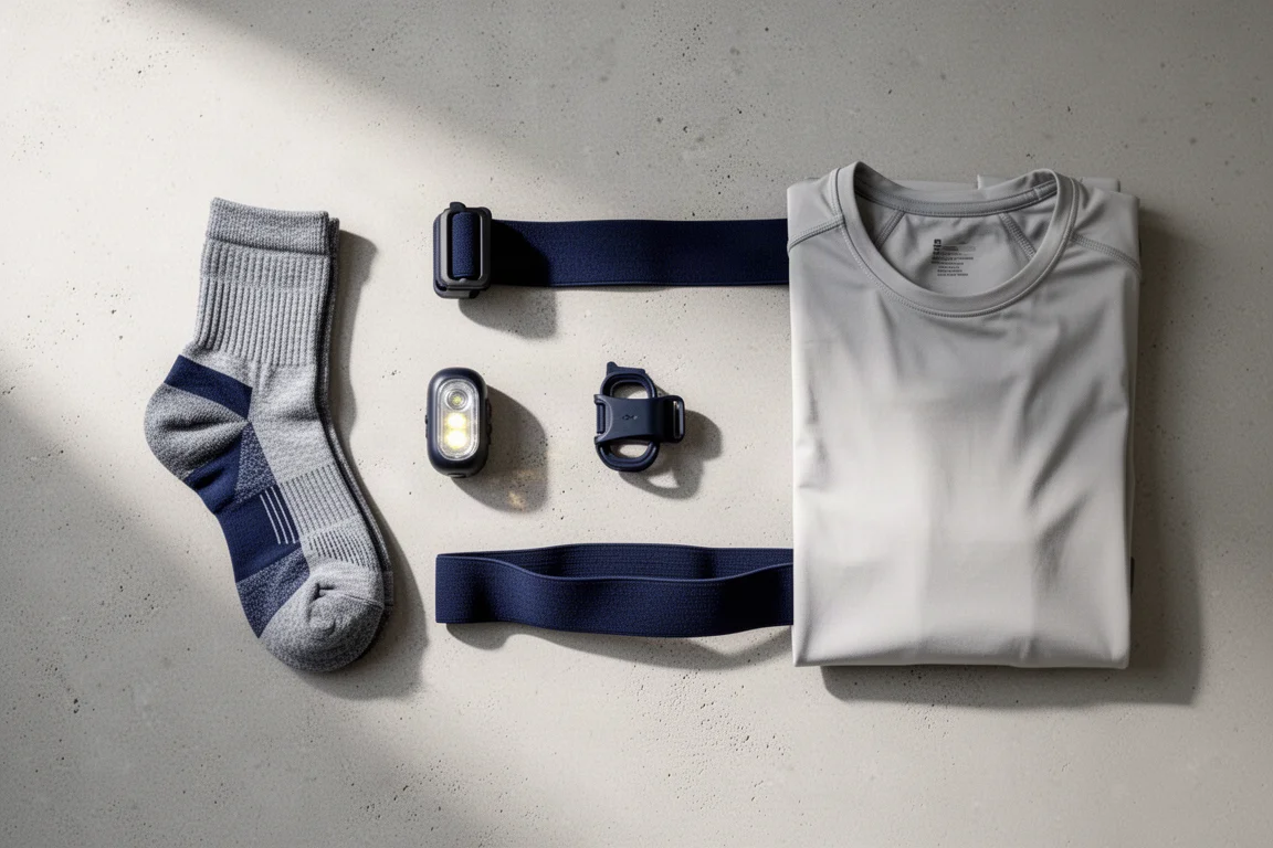 Flat lay günstiger Lauf-Essentials für den Winter, auf einer hellen Betonfläche verteilt