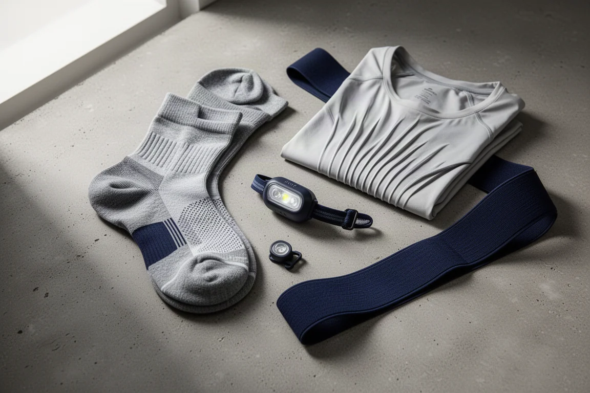 Flat lay of running socks, waist light, long sleeve top, shoe clip light and running belt on concrete