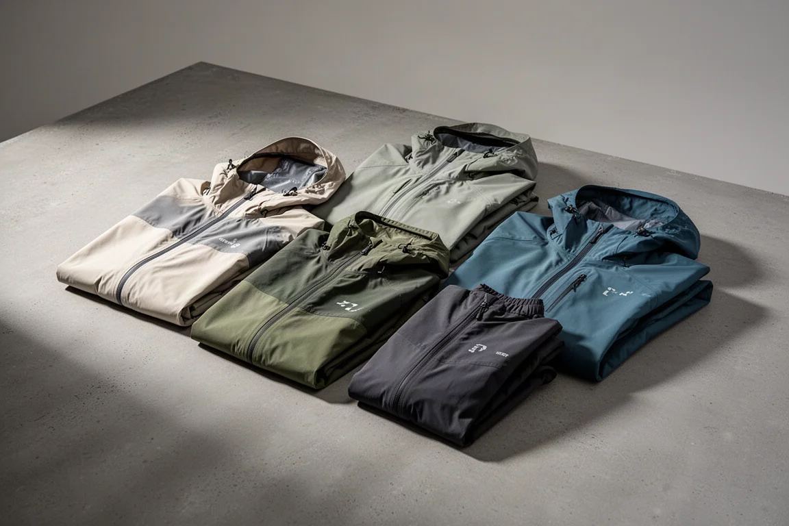 A collection of lightweight running jackets arranged on a grey concrete surface