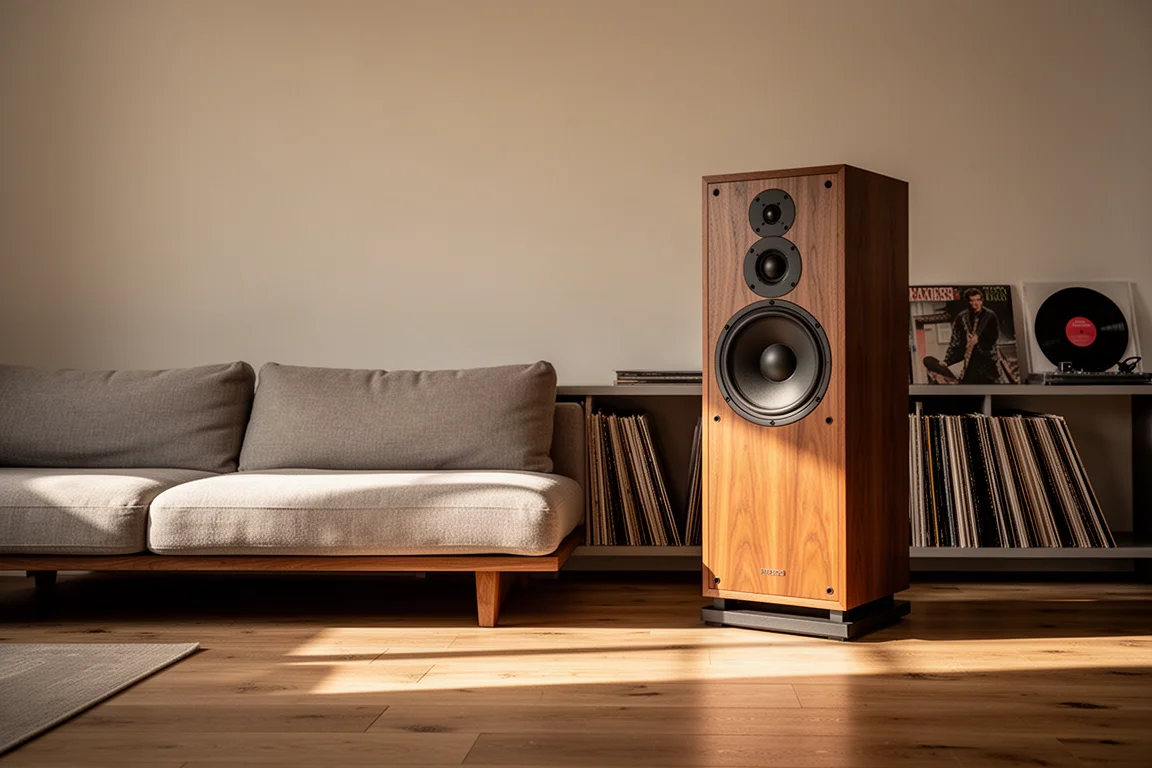 Wohnzimmer mit großem hölzernen Standlautsprecher neben einem niedrigen Sofa