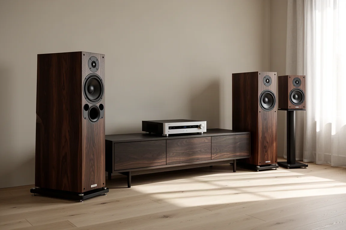 Refined listening room with floorstanding and bookshelf speakers in warm afternoon light