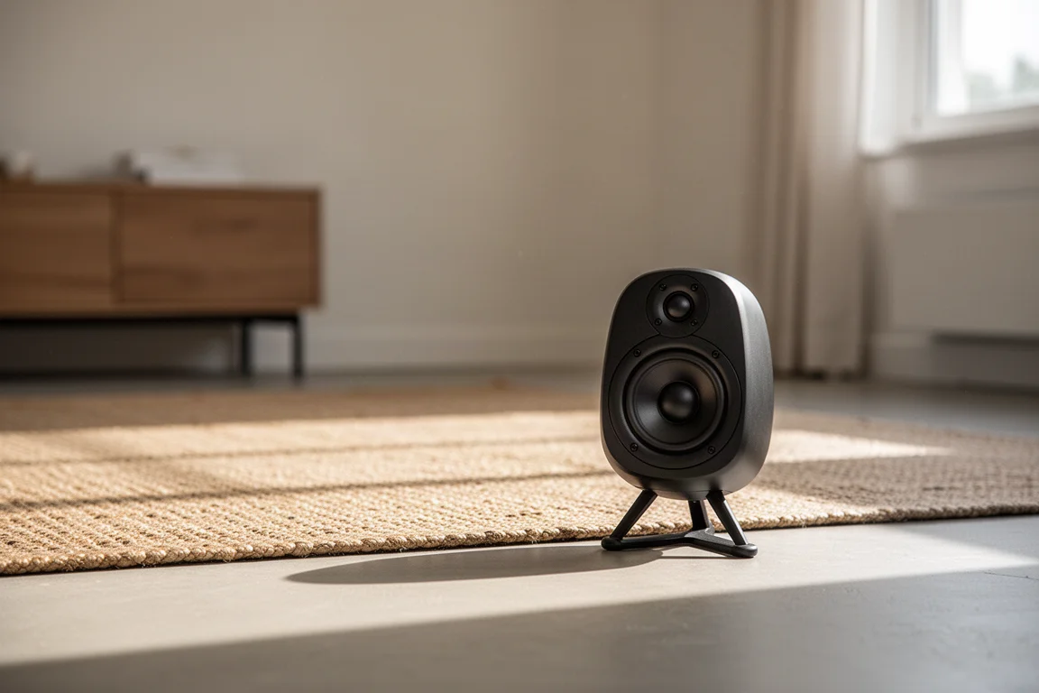 Enceinte compacte placée bien dégagée du mur du salon avec un tapis derrière