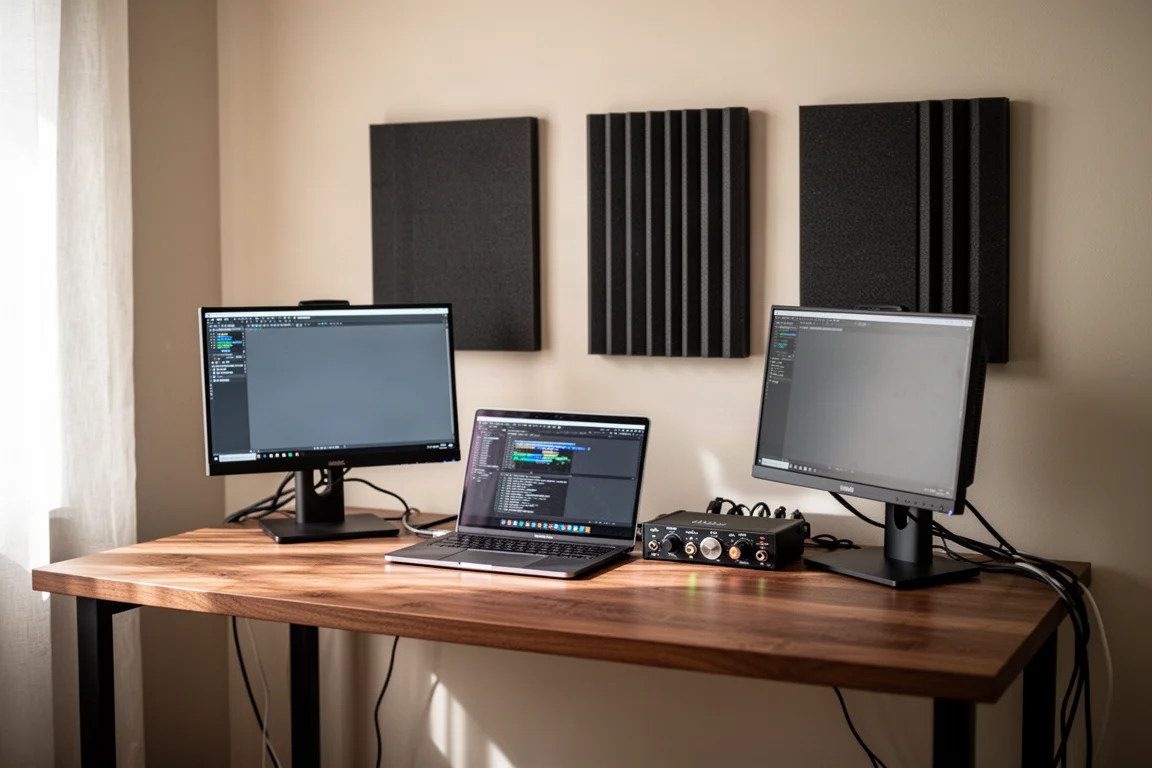 Deux petits monitors de studio actifs sur un bureau en bois avec ordinateur portable et interface