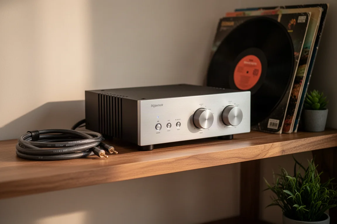 Amplificateur intégré sur une étagère en bois à côté de câbles d'enceinte enroulés et de vinyles