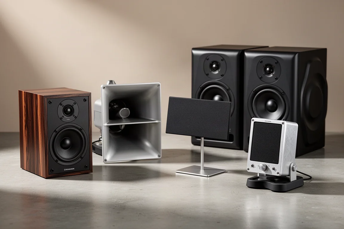 Group of compact hi-fi speakers and a small subwoofer arranged on a concrete surface