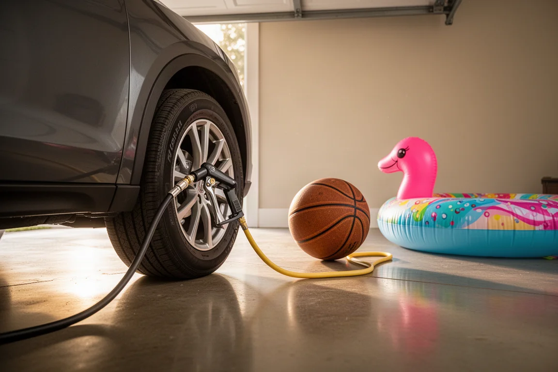 Banco da lavoro in garage con pneumatici, un pallone da basket e un tubo d'aria pronti per leggere attività di gonfiaggio