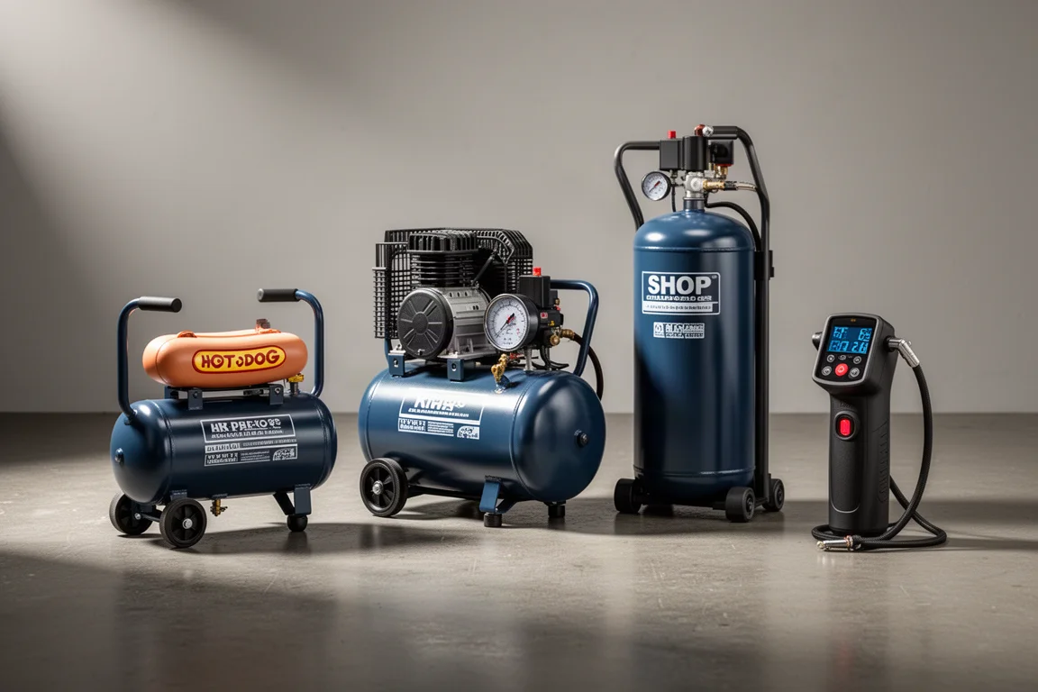 A range of air compressors from compact to vertical shop tanks arranged on a concrete floor