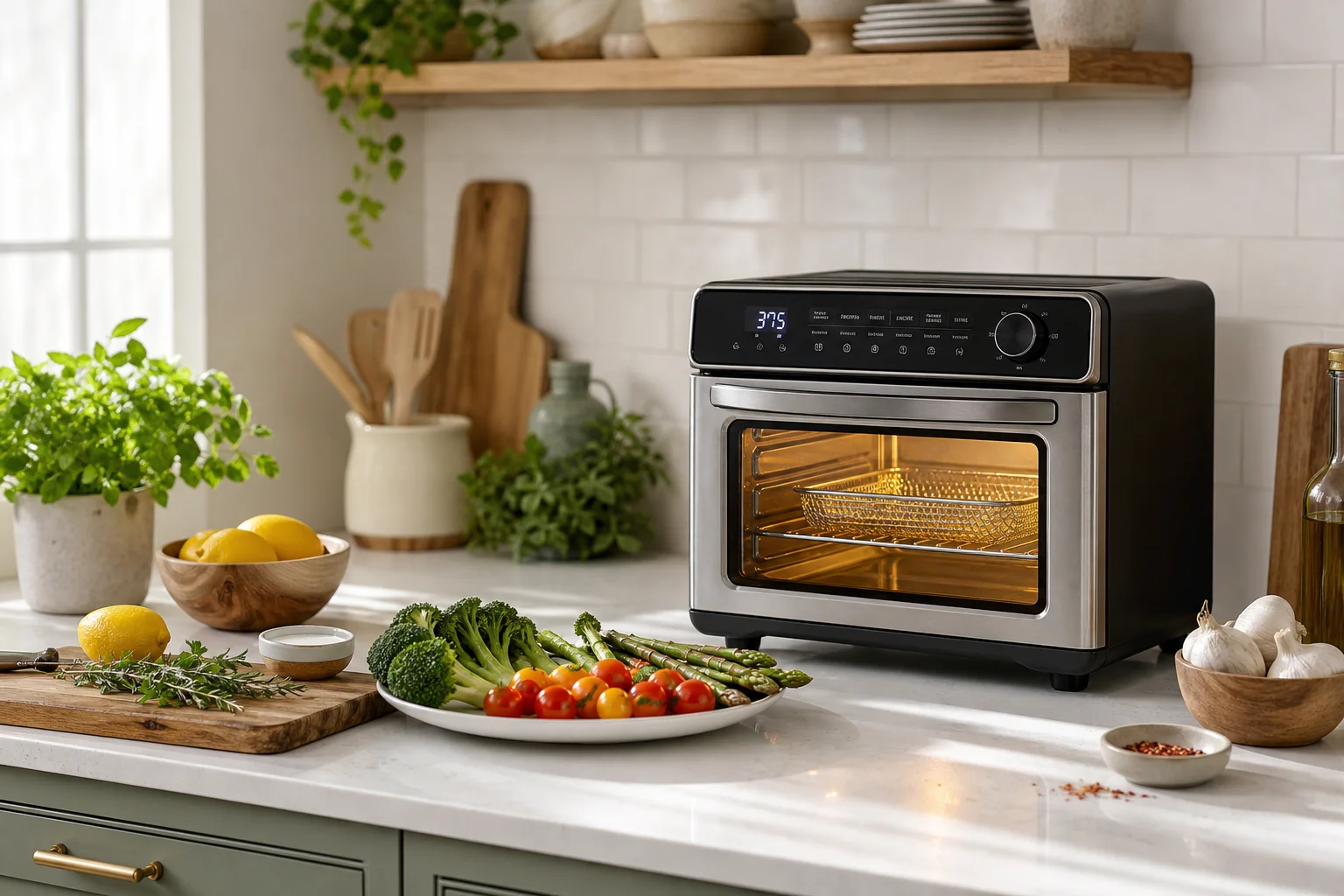Piano cucina con elettrodomestici moderni e ingredienti freschi pronti per essere cucinati