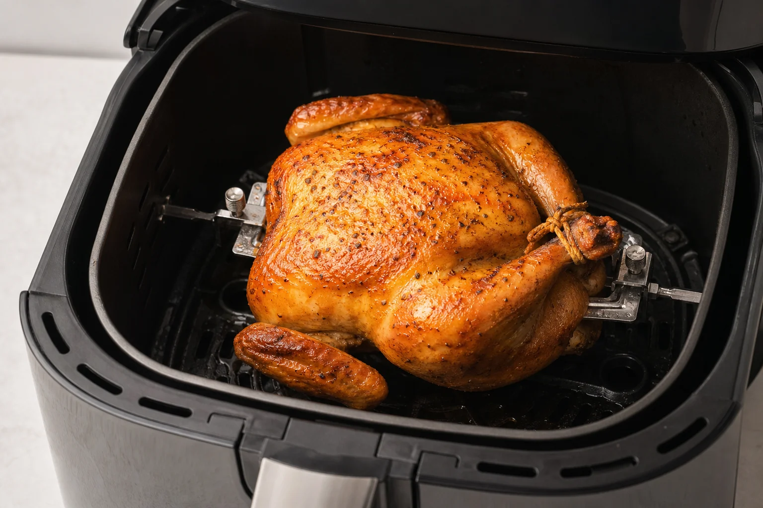 Pollo intero arrosto in un ampio cestello per friggitrice ad aria
