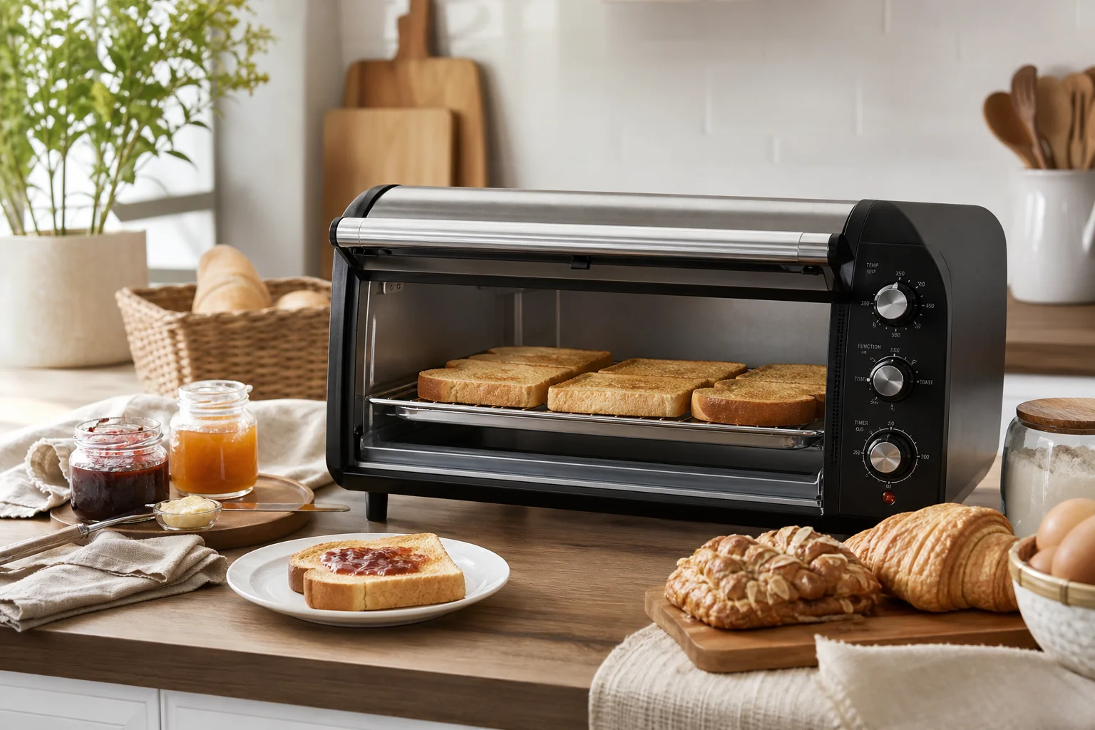 Famiglia riunita attorno a un piano cucina con pane appena tostato e cibo preparato