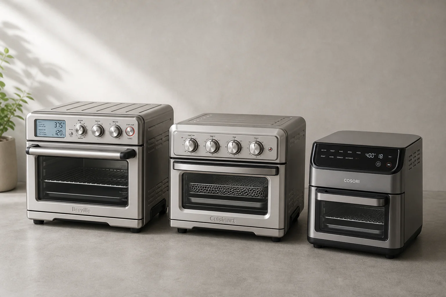 Trois fours à convection avec fonction air fryer alignés sur une surface en béton