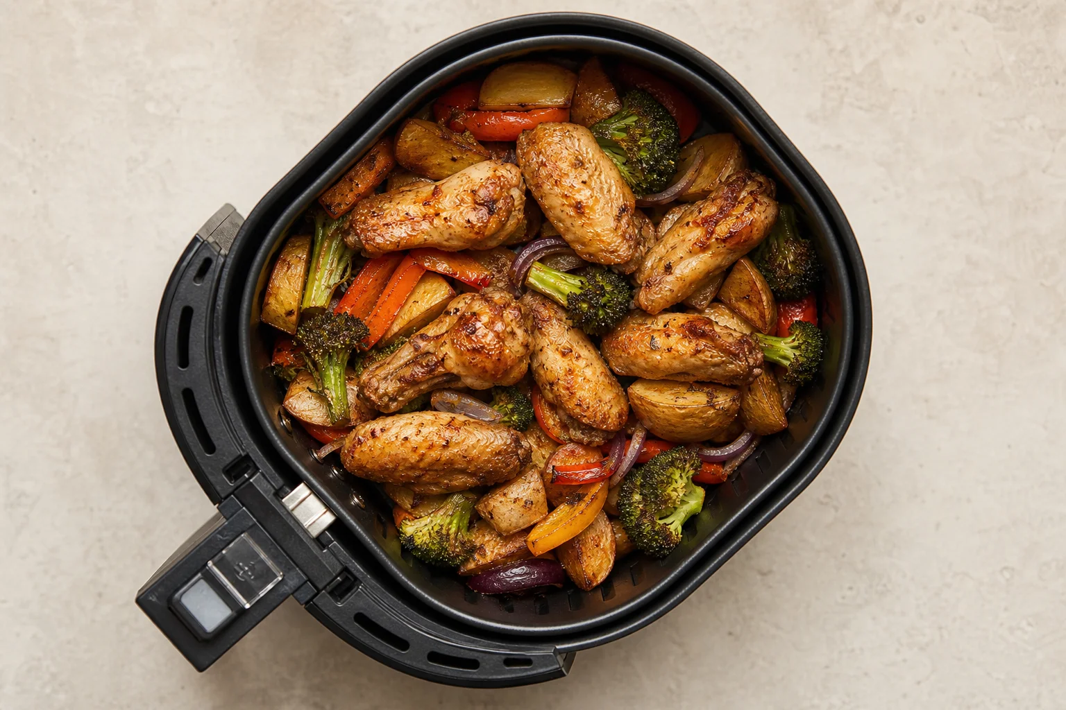Ailes de poulet cuites et légumes rôtis dans le panier d'une friteuse sans huile