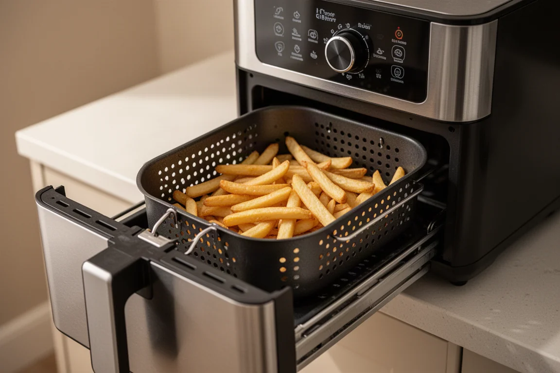 Air fryer drawer pulled open on a kitchen counter showing a single layer of golden fries