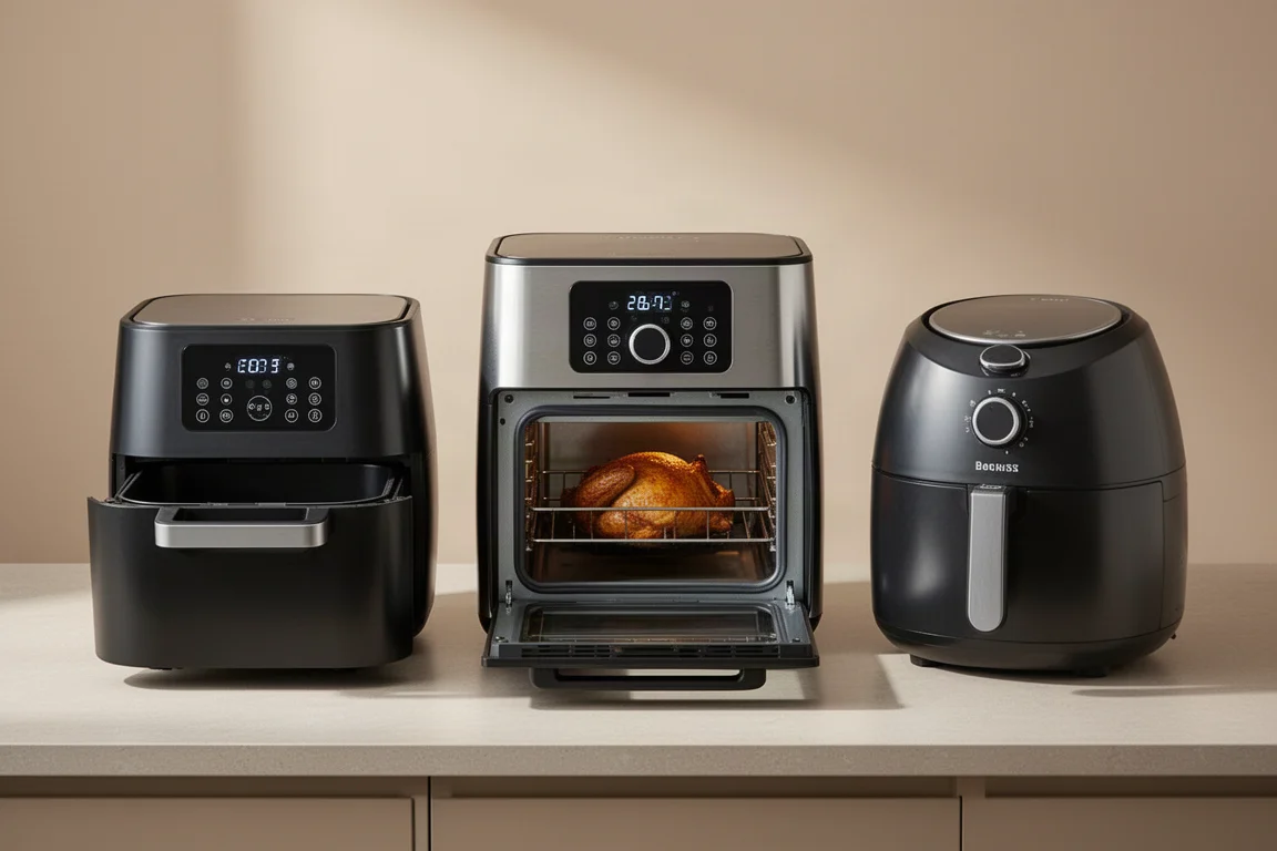 Three air fryer styles lined up on a kitchen surface with different access designs