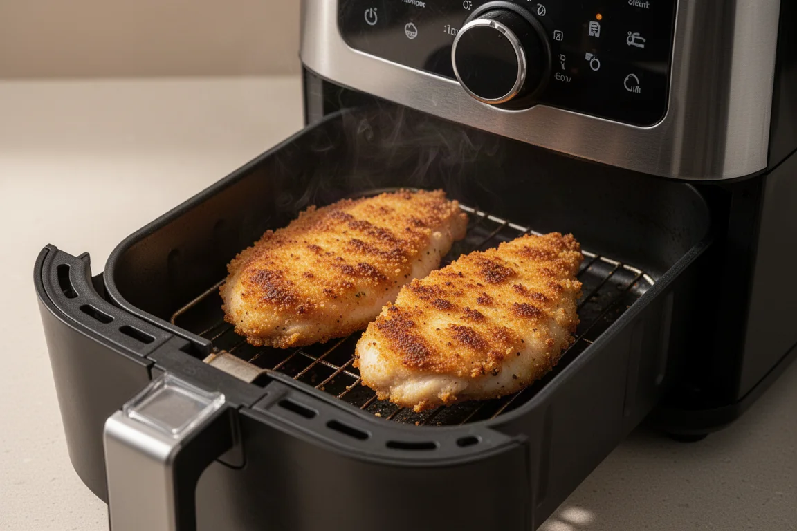 Crispy chicken cutlets resting in an air fryer drawer after cooking