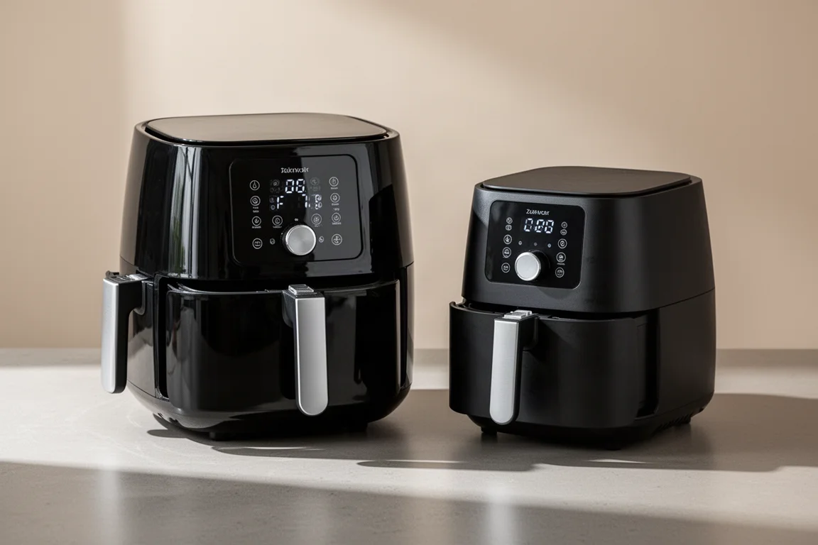 Two black drawer-style air fryers side by side on a kitchen countertop
