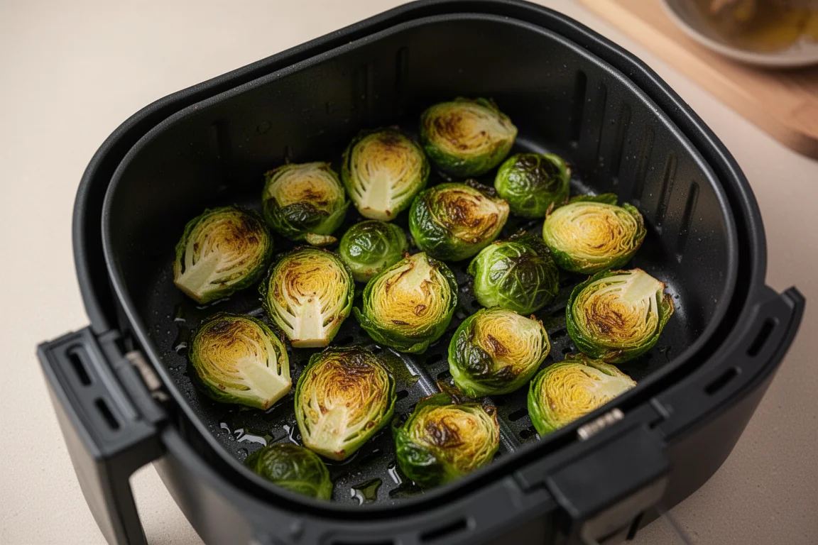 Crispy roasted Brussels sprouts in an air fryer drawer with golden brown edges