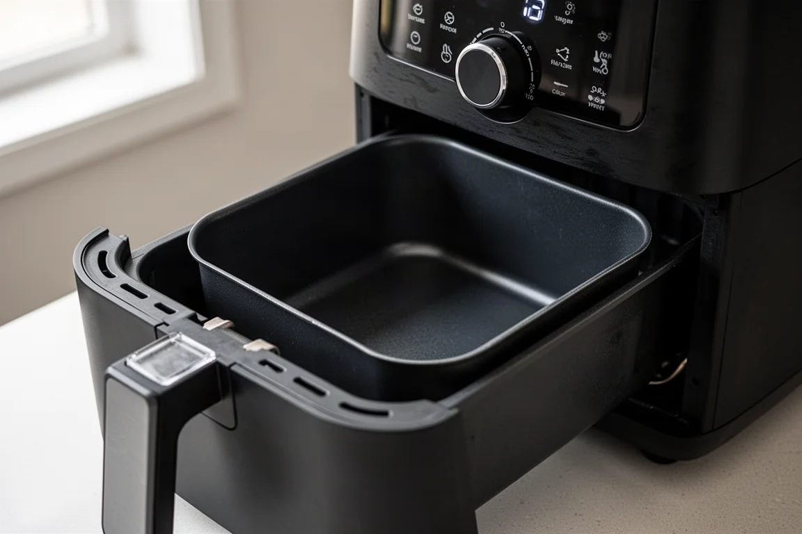 Air fryer drawer pulled open showing roomy interior and nonstick basket