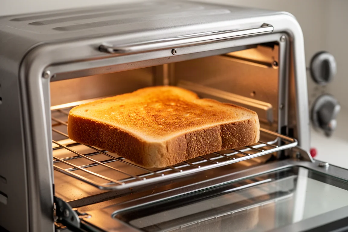 Perfectly golden brown slice of toast on a toaster oven rack