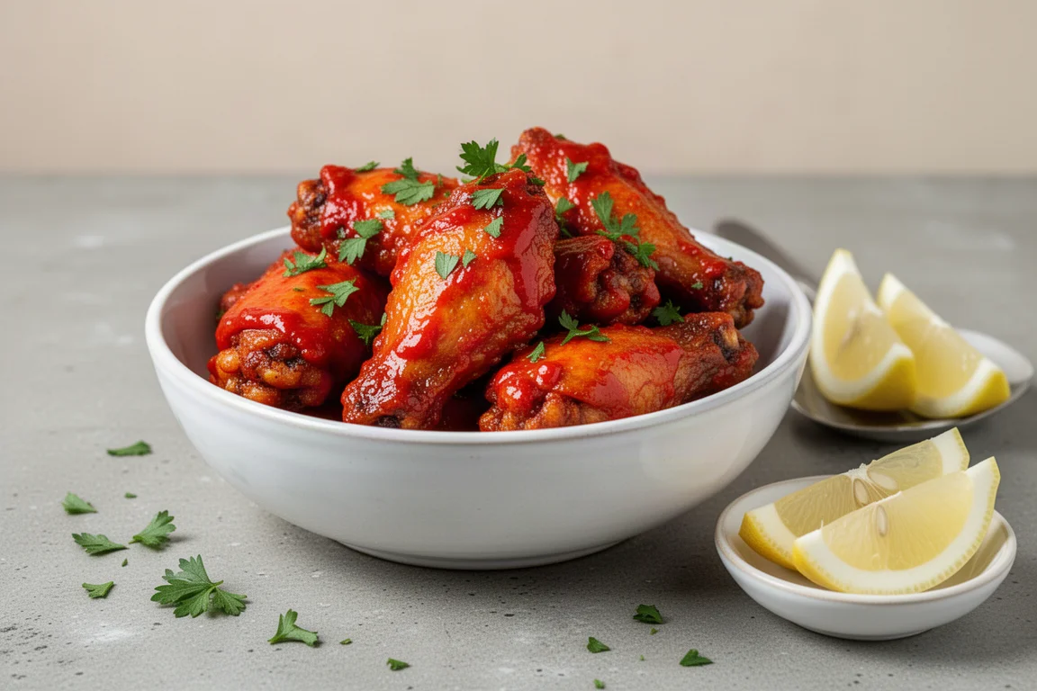 Crispy air fried chicken wings tossed in glossy hot sauce in a serving bowl