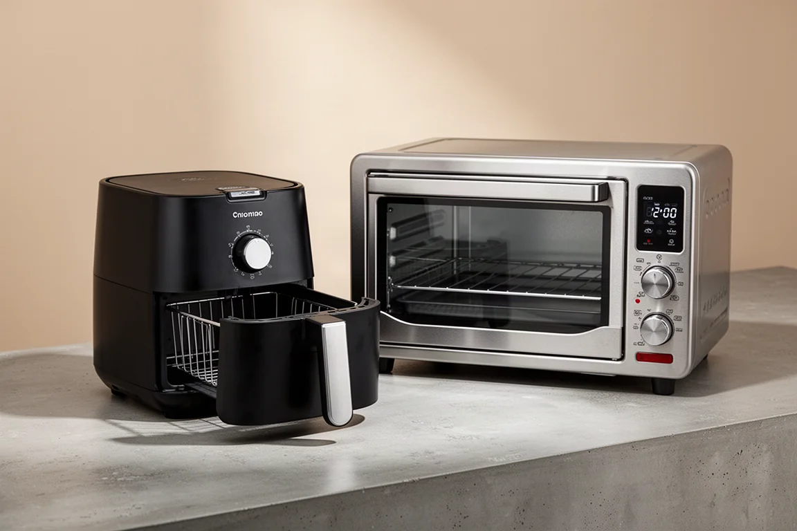 Compact black air fryer beside a stainless steel toaster oven on a concrete countertop