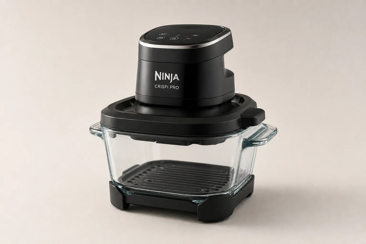 Ninja Crispi Pro glass air fryer with transparent container on neutral background