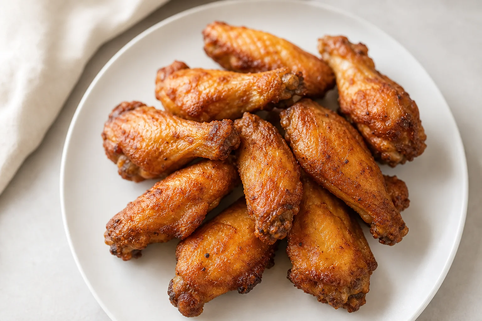 Golden-brown crispy chicken wings on a white plate
