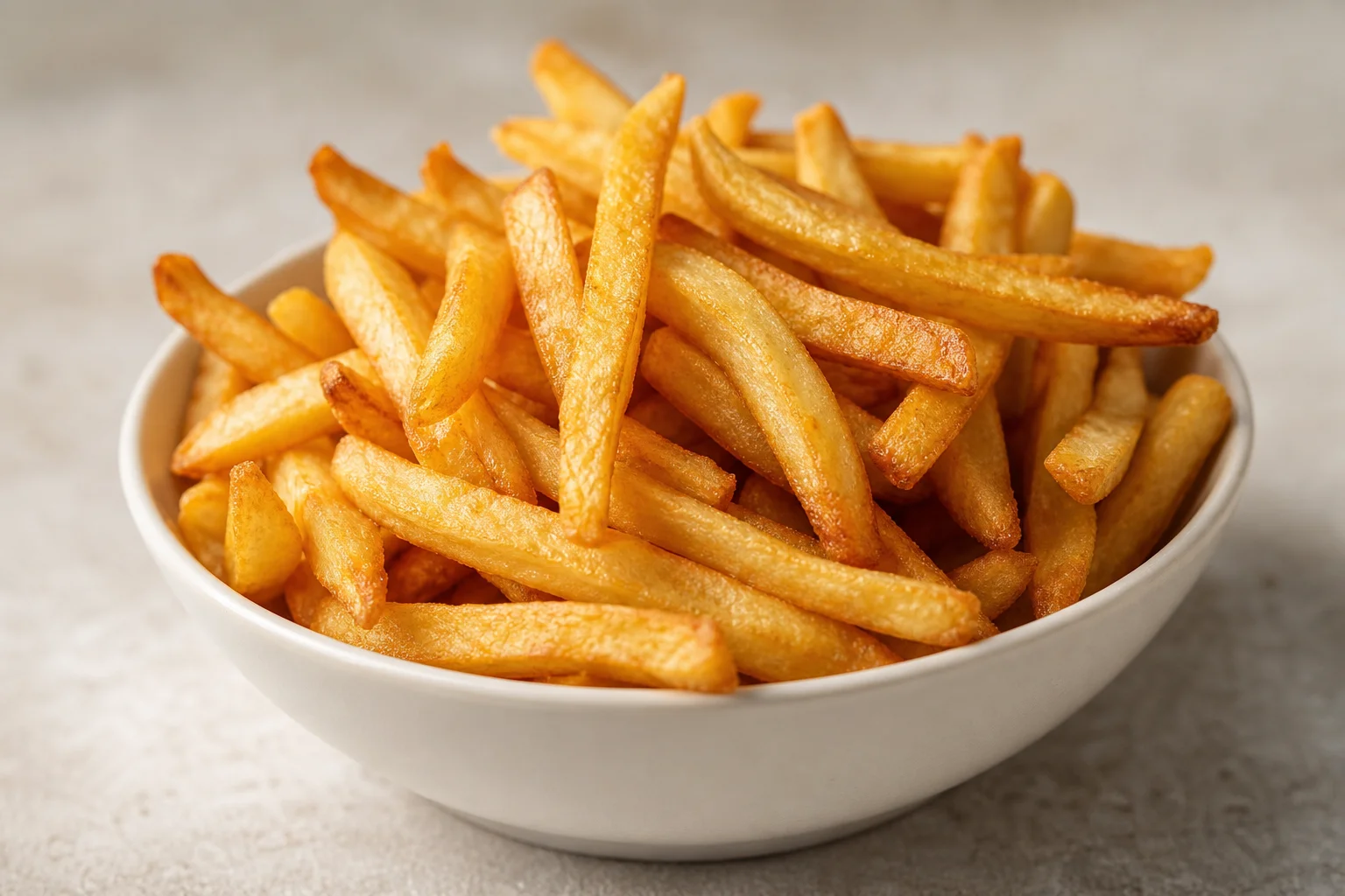 Evenly browned golden french fries in a white ceramic bowl