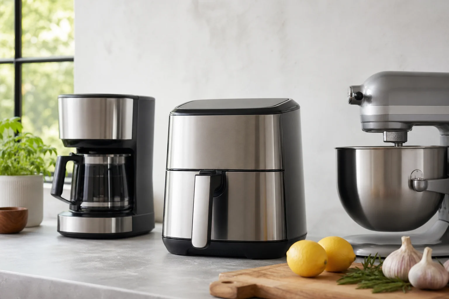 Modern kitchen countertop with stainless steel appliances and air fryer