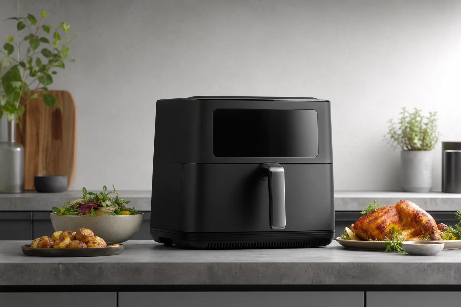 Large air fryer with dual heating elements on kitchen counter