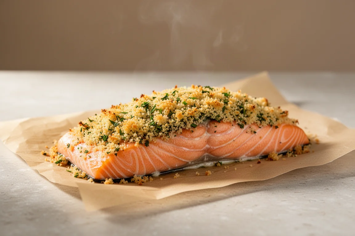 Filetto di salmone croccante cotto in una friggitrice ad aria con panatura dorata
