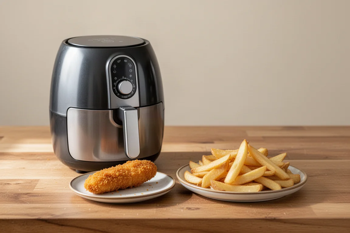 Friggitrice ad aria piccola e compatta accanto a un piatto con un solo straccetto di pollo