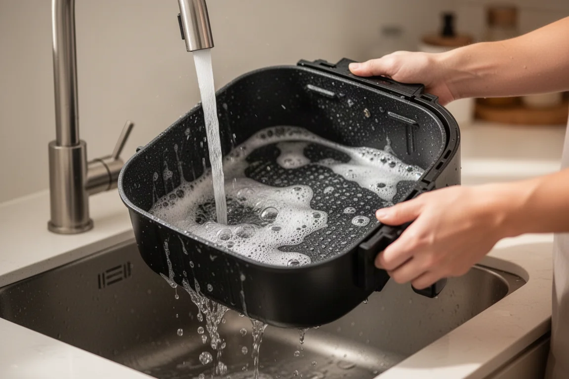 Persona che pulisce l'interno del cestino di una friggitrice ad aria al lavandino della cucina