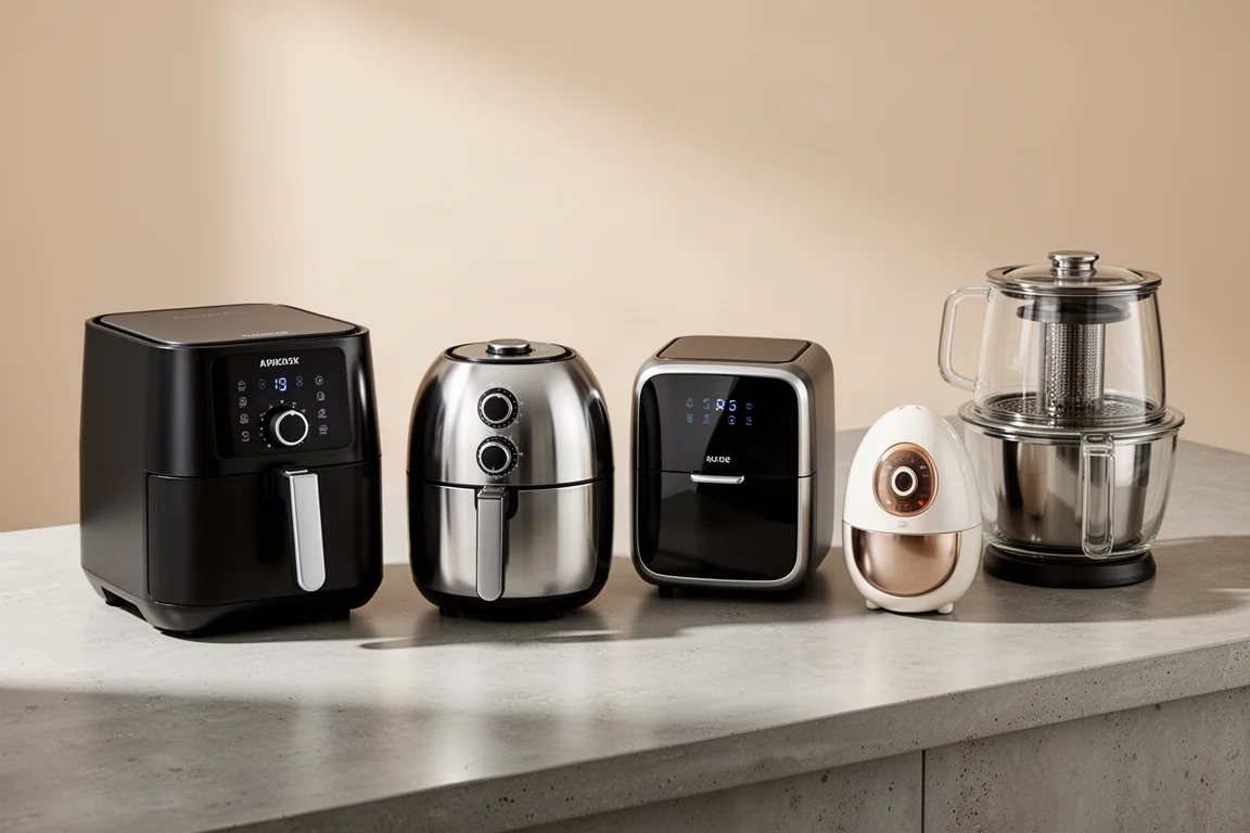 Five different air fryer designs lined up on a kitchen counter