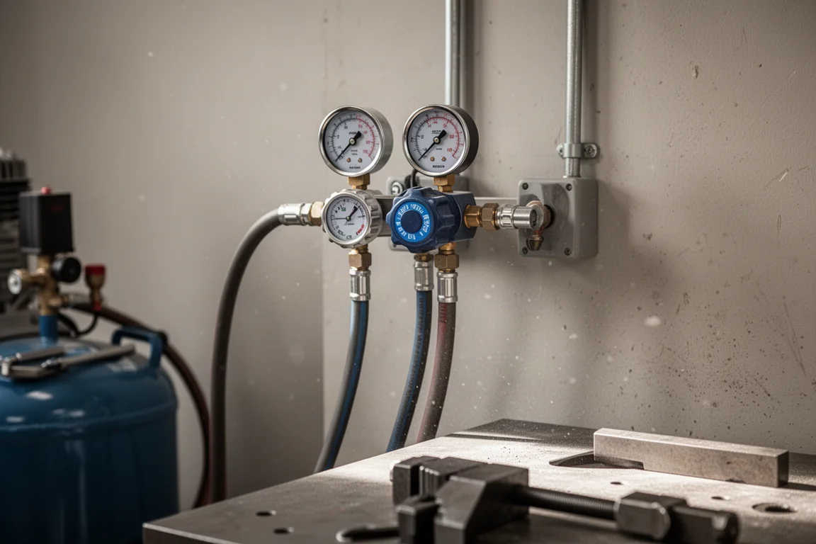 Meters en drukregelaar van een compressor op hoge lijndruk ingesteld in een werkplaats