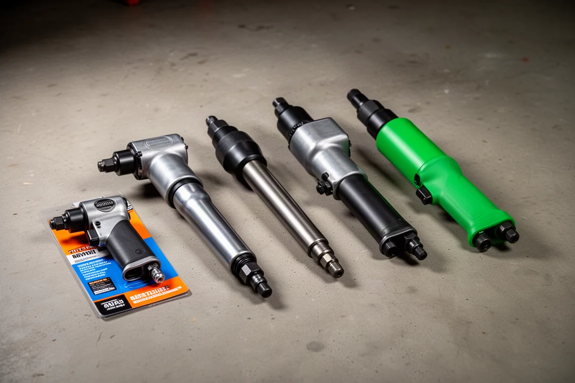 Four air hammers of different sizes lined up on a concrete workshop surface