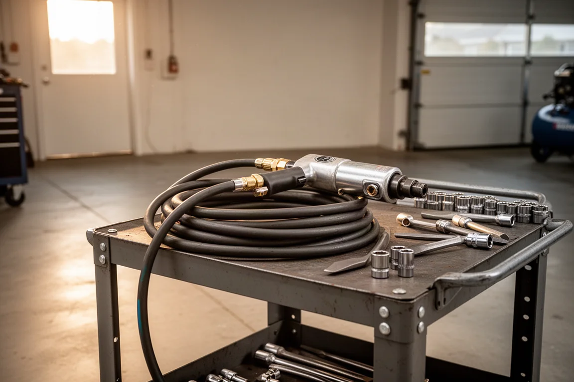 Monteur bewerkt een carrosseriepaneel met een luchtboren in een werkende garage