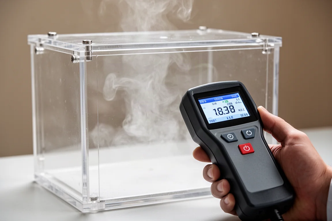 手持式粒子計數器在密封測試艙旁測量空氣品質