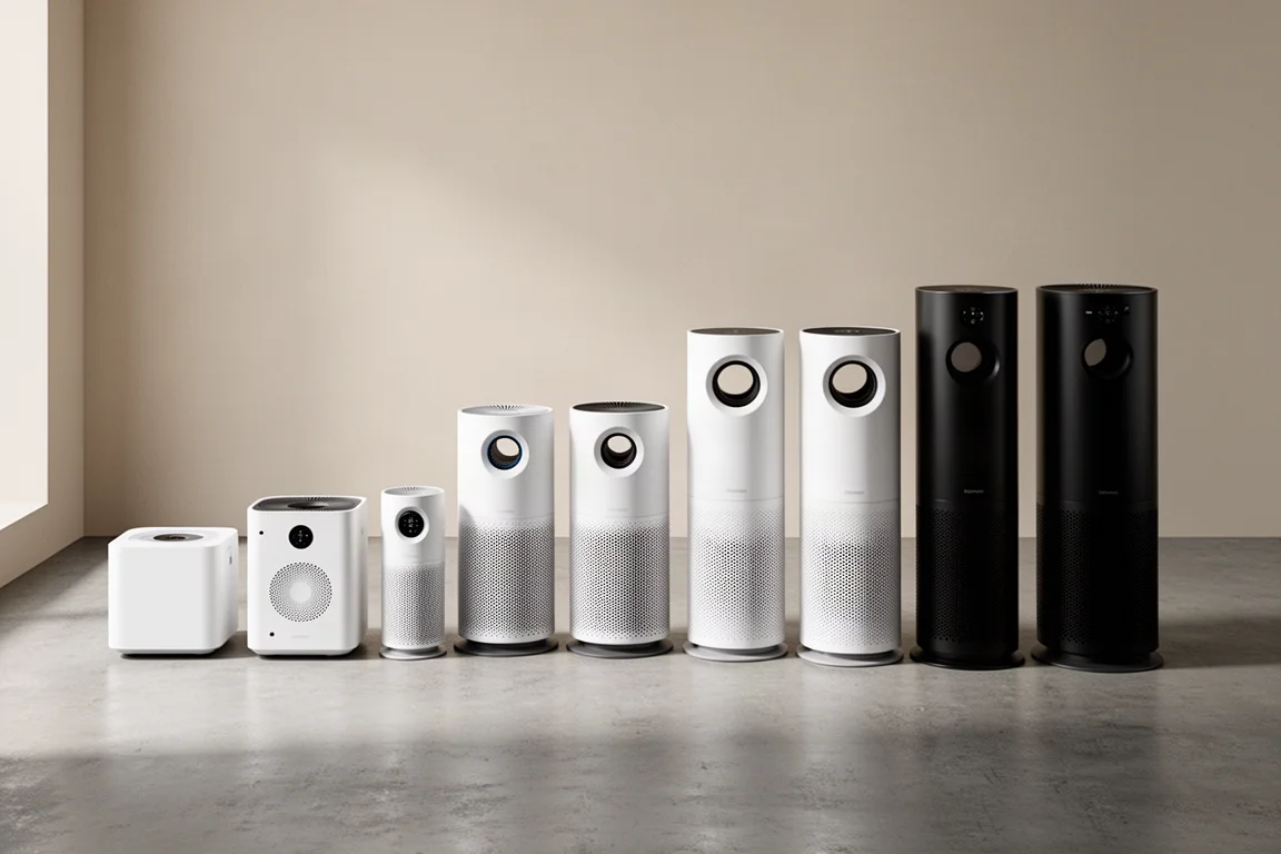 Lineup of thirteen air purifiers of different sizes on a concrete floor