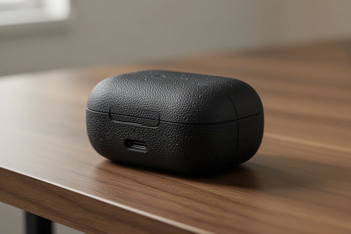 Matzwarte AirPods-case liggend op een houten bureau