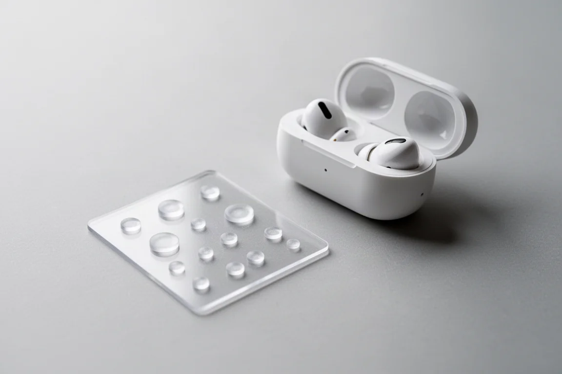 Kleine transparante gripsstickers naast een geopende AirPods-case