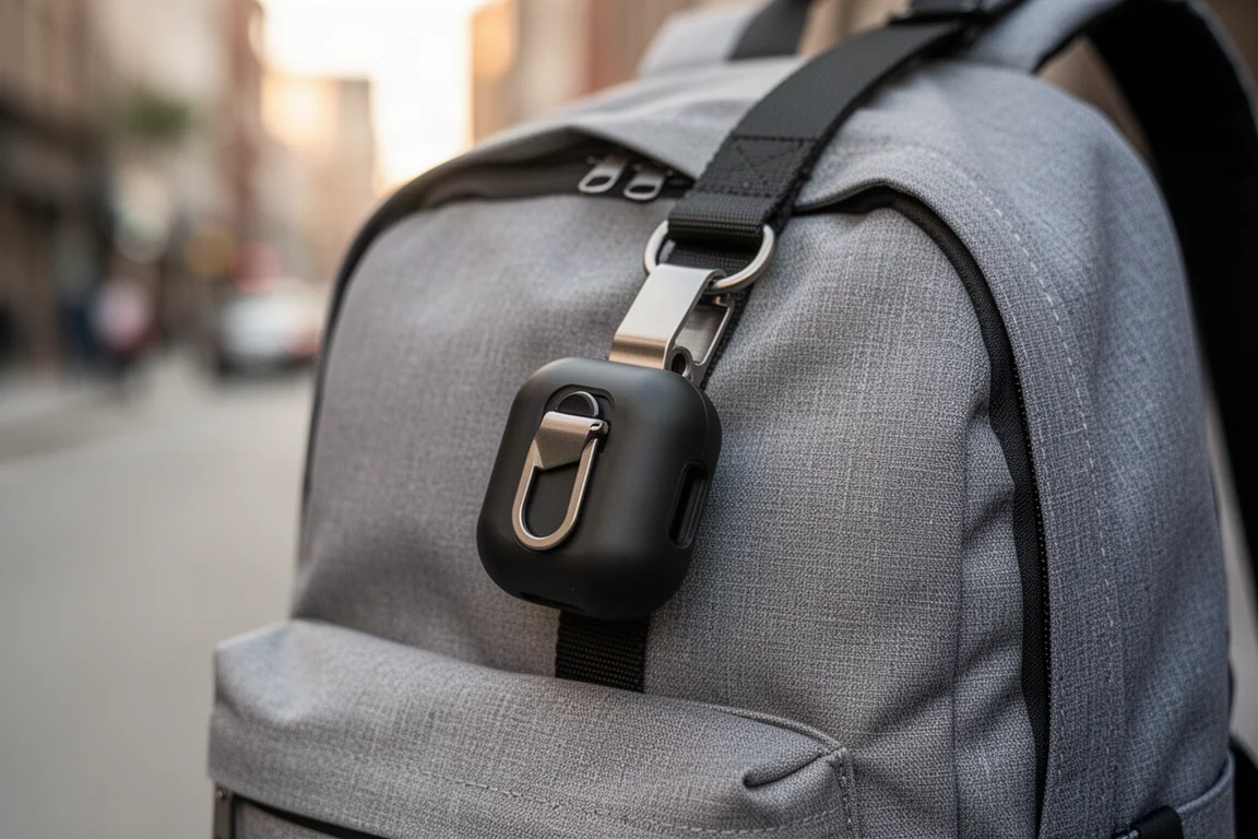 Zwarte AirPods-case met metalen clip bevestigd aan een rugzakriem