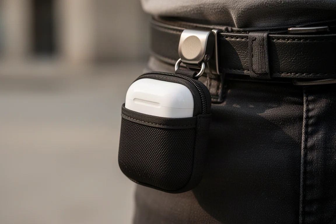 Zwart elastisch etui met magnetische clip bevestigd aan een riem