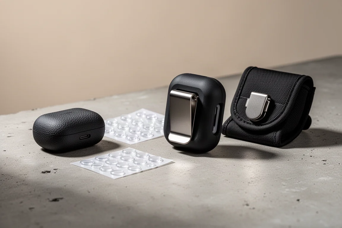 Cztery akcesoria do AirPods ułożone na matowej betonowej powierzchni