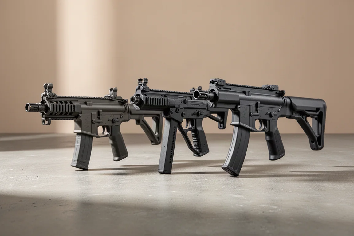 Tre SMG per airsoft disposti fianco a fianco su una superficie di cemento