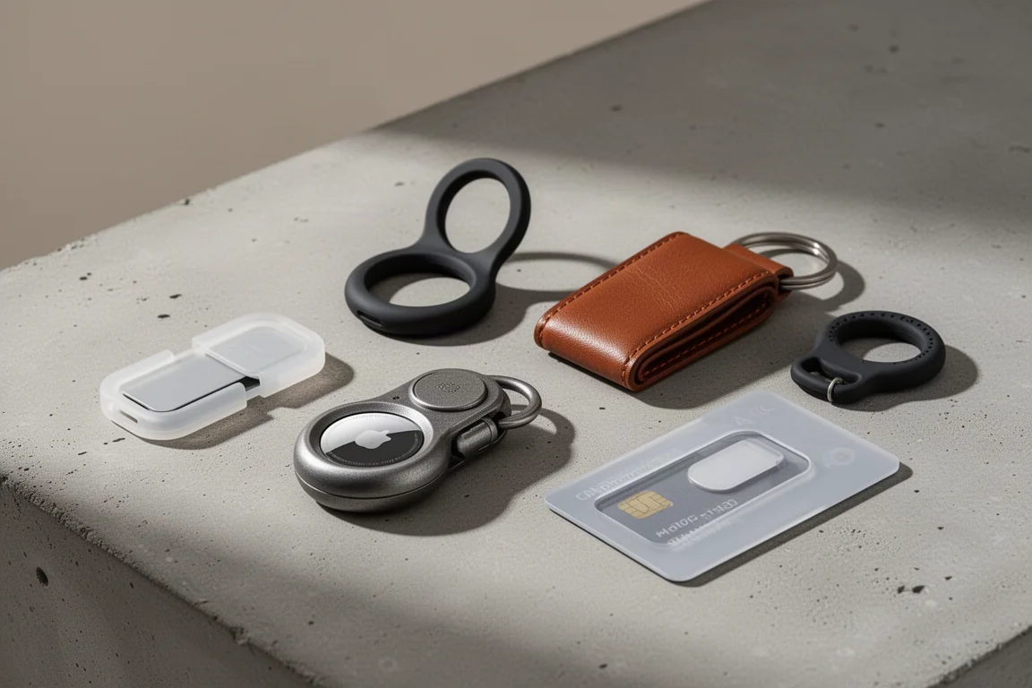 Collection of AirTag cases and holders arranged on a concrete surface