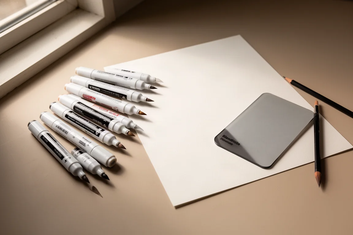Postazione dell'artista con marker ad alcol e carta Bristol pronti per il disegno