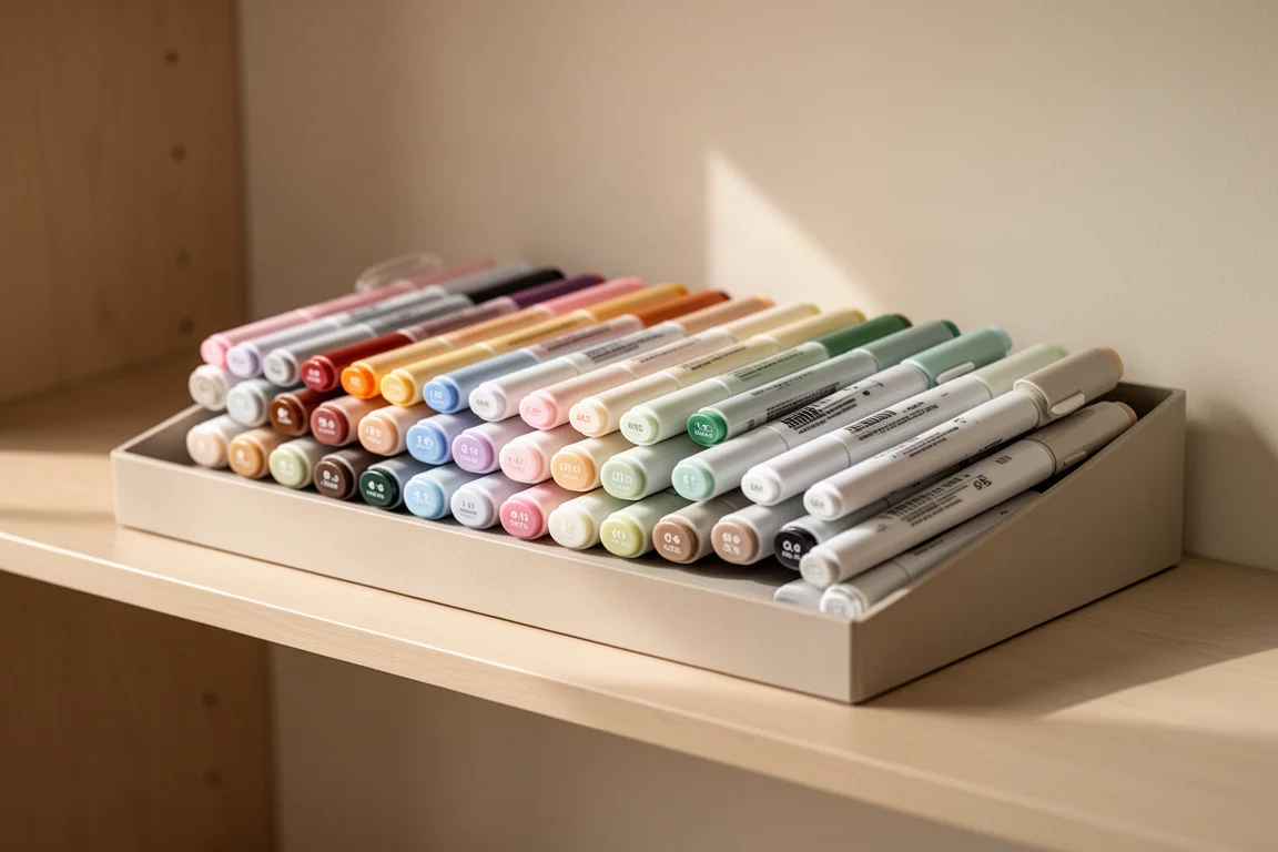 Scaffale per marker con penne disposte in orizzontale in uno studio